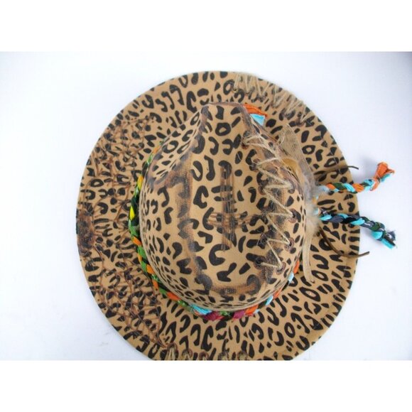 Leopard Print with Moss Agate, Macaw and Pheasant Feathers Fedora Womens Hat - Picture 2 of 5